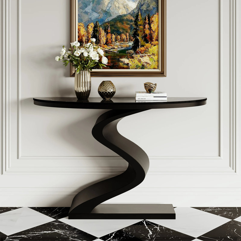 Modern 39.4" Curved Console Table with Sintered Stone Top Half Moon Shape, Black/Black