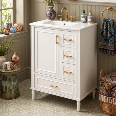 Meuble-lavabo compact de 61 cm (24 po) avec lavabo en céramique, meuble-lavabo peint à fermeture en douceur et 3 tiroirs