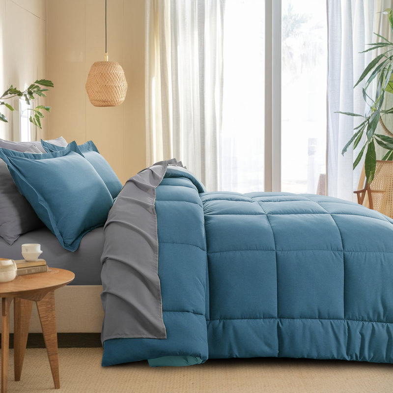 Ensemble d'édredon en microfibre 5/7-pièces , Édredon pour grand lit simple + 4 pièces supplé, Bleu ardoise/gris