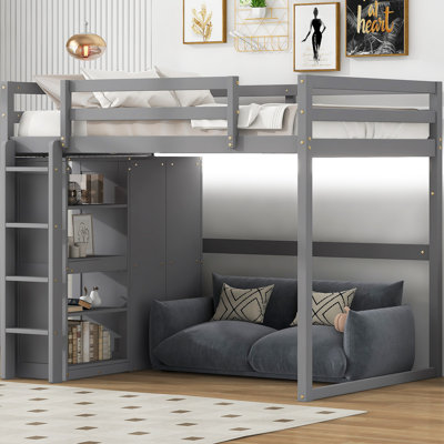 Lit mezzanine en bois avec garde-robe intégré et tablettes de rangement, lumière DEL