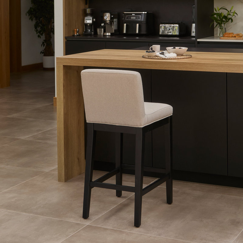 Bar Stool Upholstered, Fawn Linen Seat/Black Oak Frame