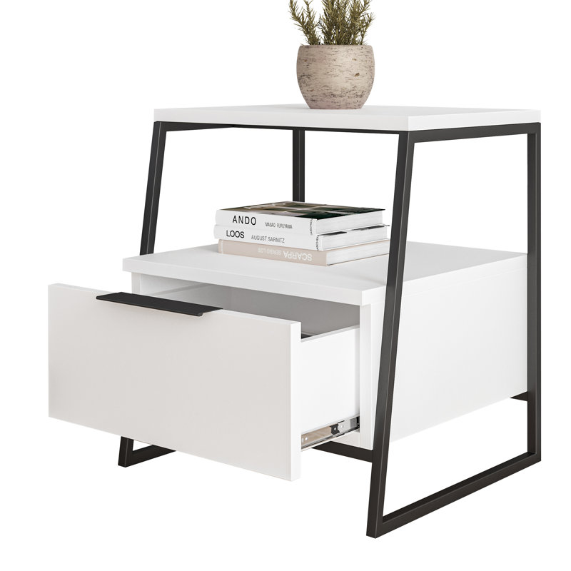 Catinna 1 Drawer Bedside Table | Modern Nightstand with Open Shelf, White