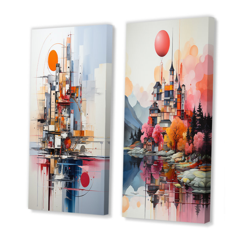 «Magical Castle Lake Sunrise - Châteaux abstraits», ensemble de 2 reproductions d'art mural, Toile tendue, H 28 po x l 25 po