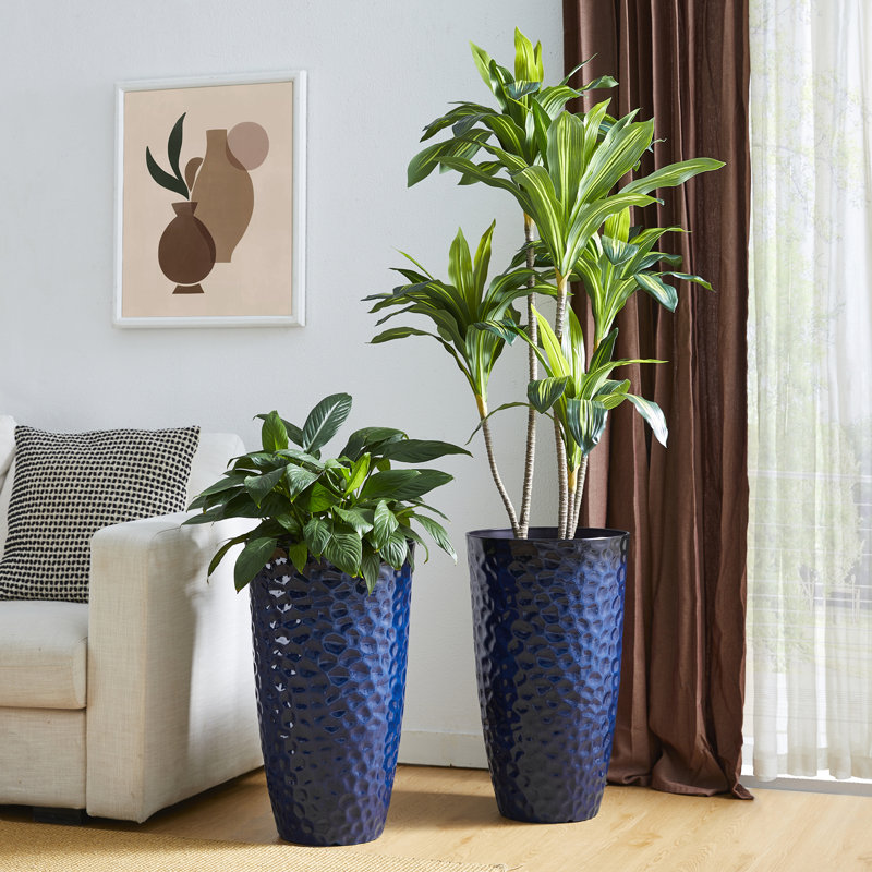 23.75"H Set Of 2 Oversized Eco-Friendly PP And Stone Honeycomb Textured Tall Plastic Planter, Blue