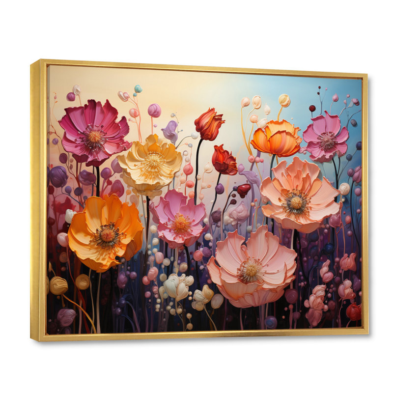 Fleurs éternelles mauves, fleurs jaunes et éternelles - impression sur toile florale, 12" H x 20" W, Cadre flottant doré