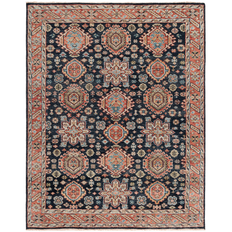 Tapis rouge / bleu en laine / coton noué à la main Jack-Carter, Rectangle 10 pi x 14 pi