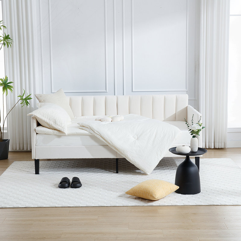 Lit de jour simple rembourré en velours beige, dossier capitonné nervuré (matelas non inclus)