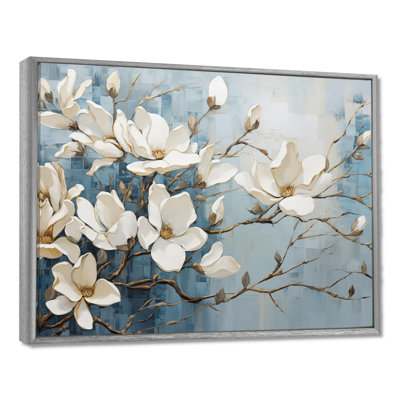 Blue And Gold Painted Magnolias VI On Canvas Print