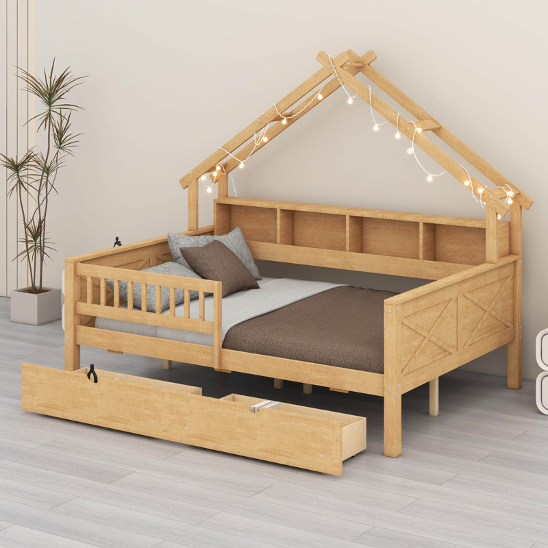Lits plateforme en bois avec DEL, tablettes de rangement, tiroirs et garde-corps, Naturel