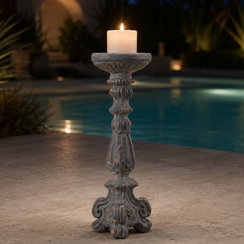 Shabby Chic Distressed Candlestick Statue, 21.65" H x 7.09" W x 7.09" D