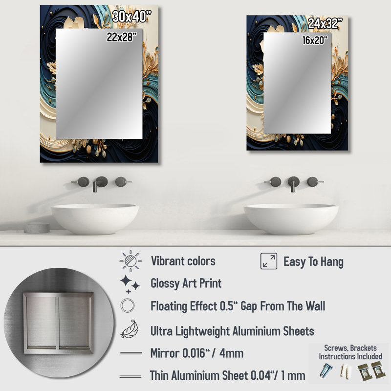 Liquid Ink Spiralscape II - Abstract Spirals Large Wall Mirror, Modern Decorative Mirror, Printed Metal Art, 40" x 30"