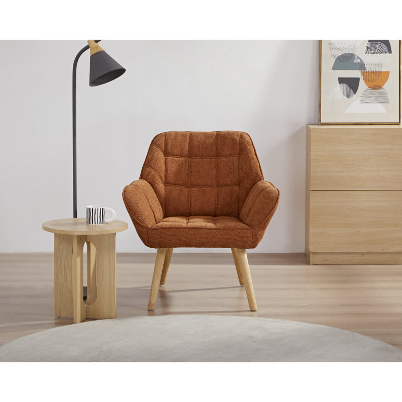 Modern Button Tufted Accent Chair, Wide Arms Solid Wood Frame Soft Brown Fabric, Multi-functional Dining Office Reading Armchair for Living Room Bedroom Office