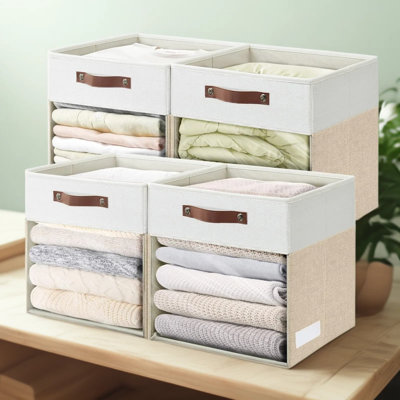 Ensemble de 4 cubes de rangement en lin, bacs de rangement pliables en tissu avec fenêtre transparente et poignées, organisateurs de cubes 13 x 15 x 13 pouces pour tablette, placard, vêtements, livres, beige