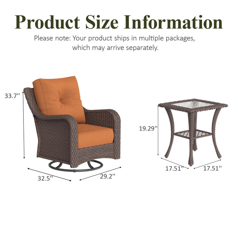 3 Piece Wicker Outdoor Furniture Set With 6-inch Comfy Cushions, High Back Patio Furniture Set With Swivel Rocking Chairs And Side Table