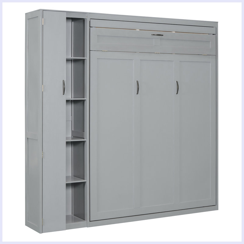 Lit escamotable moderne avec tablettes murales, Gris, Grand