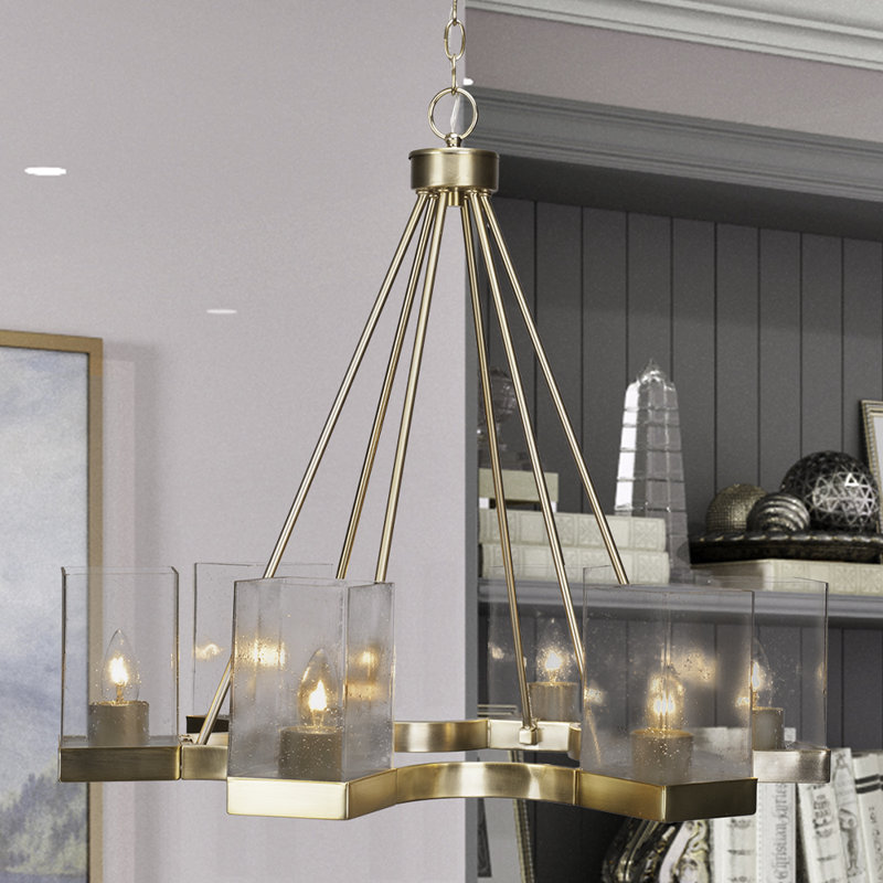 Nouvelle 6 Light Uplight Chandelier Shown In New Age Brass Finish With 4" Square Clear Bubble Glass