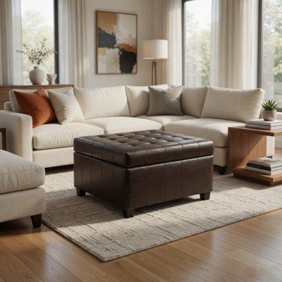 Cindy Storage Ottoman, 31 Inch Birch Wood, Brown Waffle Faux Leather