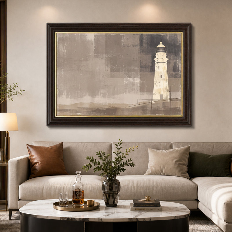 Art mural sur toile crème phare sur taupe texturé et blocs gris, 12"H x 18"W