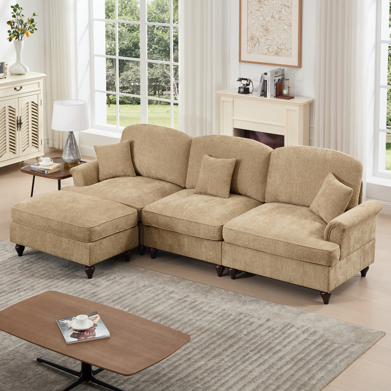 Canapé modulaire en forme de L à trois places Mid-Century avec accoudoirs évasés et volants amovibles, plis, jupes et pieds fuselés, canapé à 3 places en chenille confortable avec repose-pieds mobile, café clair