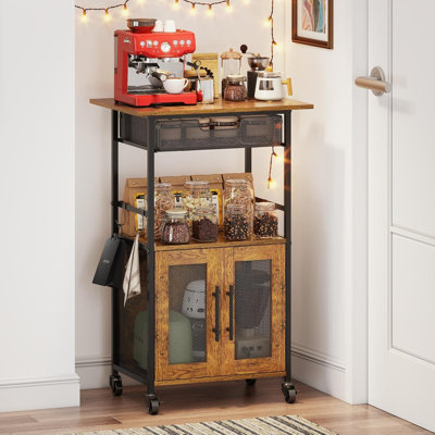 Chariot à café à trois couches avec deux portes et un tiroir à panier coulissant, avec roulettes verrouillables pour une armoire de comptoir de bar