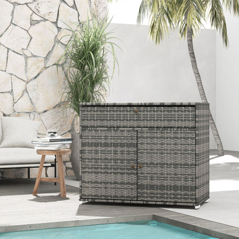 Outdoor Towel Rack & Pool Toy Cabinet Hot Tub Accessory Storage Freestanding PE Rattan Wicker Cabinet With Drawer