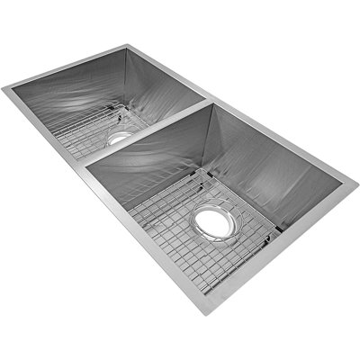 KBFmore 32 Inch Double Unequal Bowl Undermount Handmade Kitchen Sink with 7 Pieces Sink Accessories