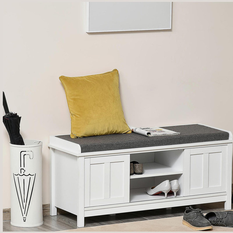 Shoe Bench Storage Ottoman with Sliding Doors, Adjustable Shelving, 6 Compartments, and Padded Seat, White