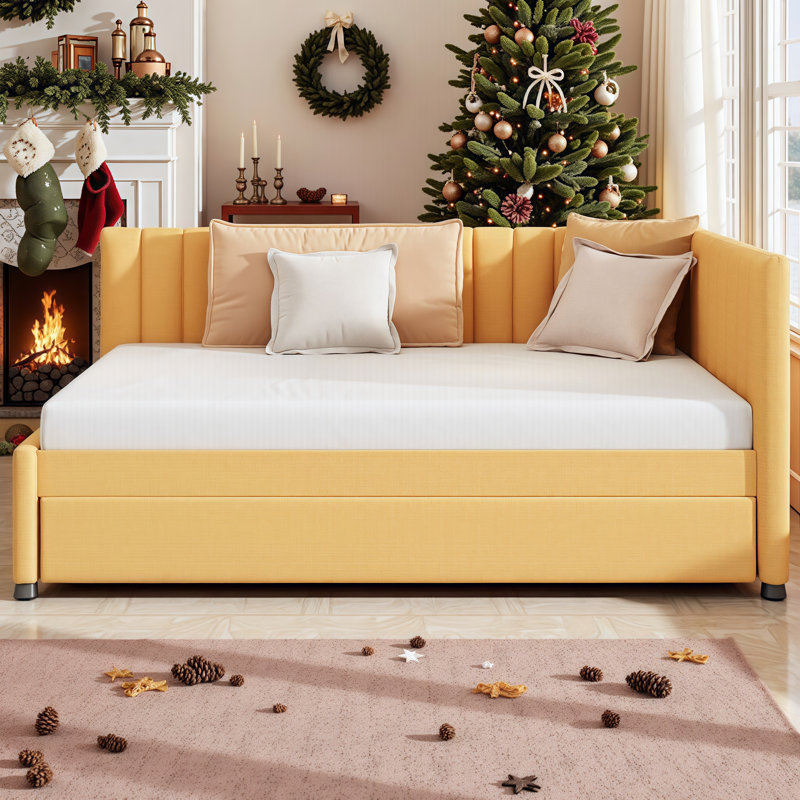 Space Saving Full Upholstered Daybed with Twin Trundle - No Box Spring Needed, Sturdy Wood Frame & Linen Fabric, Yellow