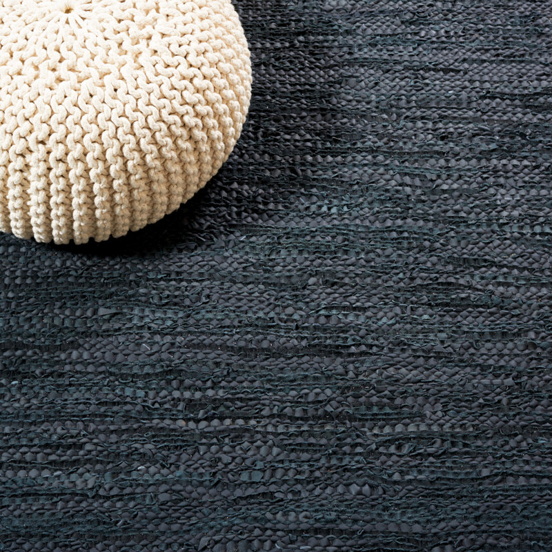 Lae Vintage Leather Hand Woven Leather/Cotton Striped Rug in Black/Beige, Rectangle 4' x 6'
