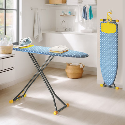 Ironing Board with Iron Rest, Compact and Space Saver Iron Board, Extra Thick Cover, Height Adjustable, Wall Mount & Closet Hanger 13x43 Yellow