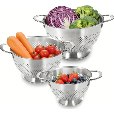 Metal Colander For Kitchen, Stainless Steel Food Strainer With Elevated Base, Fine Perforated Mesh Pasta Strainer, Heavy-Duty Rust-Free, Wide Rimmed Framework, Non-Tip Solid Ring Base, Riveted Handles, Dishwasher Safe