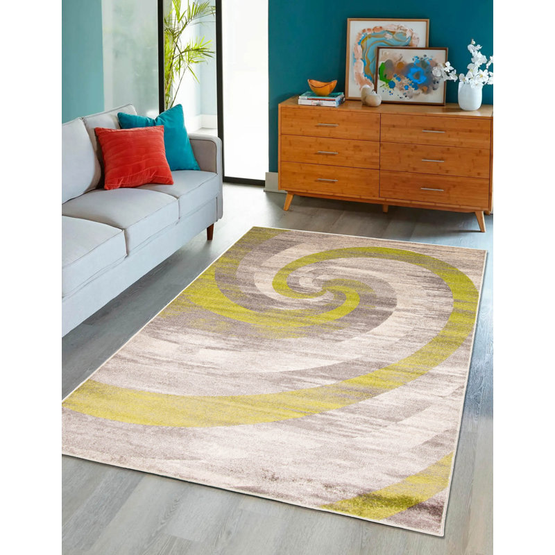 Tapis abstrait ivoire / vert Jurgita, Rectangle 7 pi 10 po x 10 pi 2 po