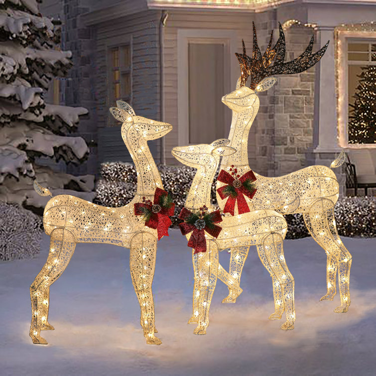 Lighted LED Deer Family with Red Bow, Set of 3