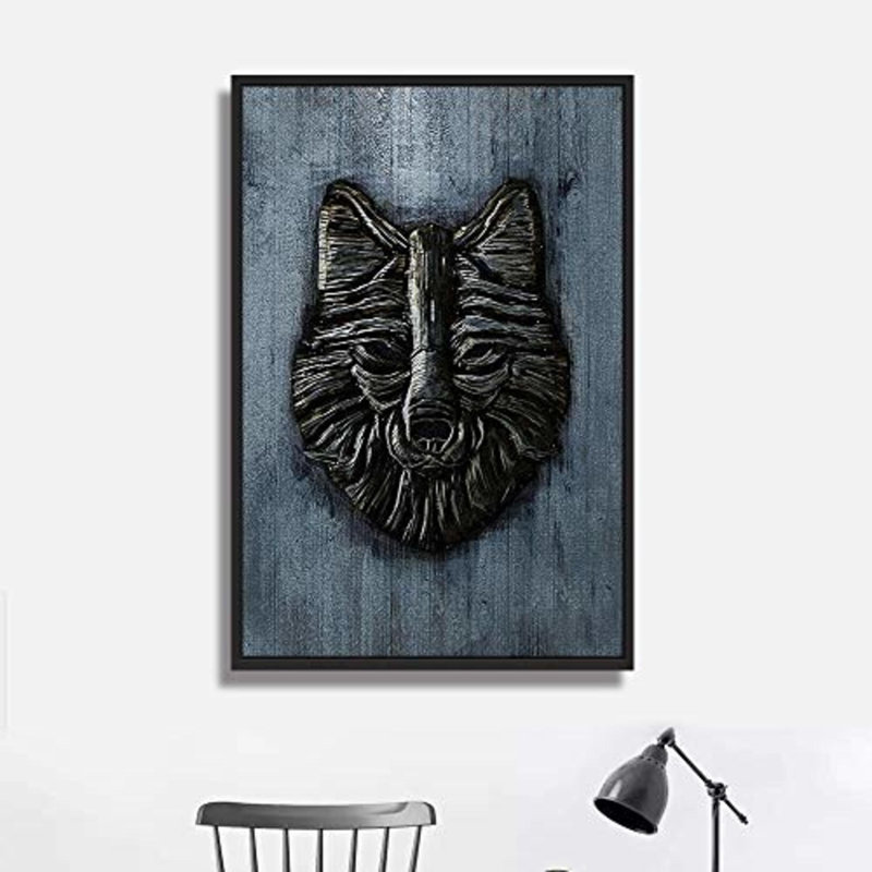 Animals " Black Wolf Head ", Black Framed Canvas, 36" H x 24" W x 1.5" D