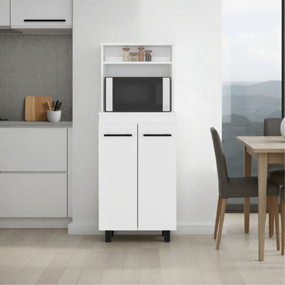 Buffet de cuisine autoportant et support pour micro-ondes avec armoire à 2 portes avec tablettes de rangement intérieures, une tablette supérieure et un comptoir compact