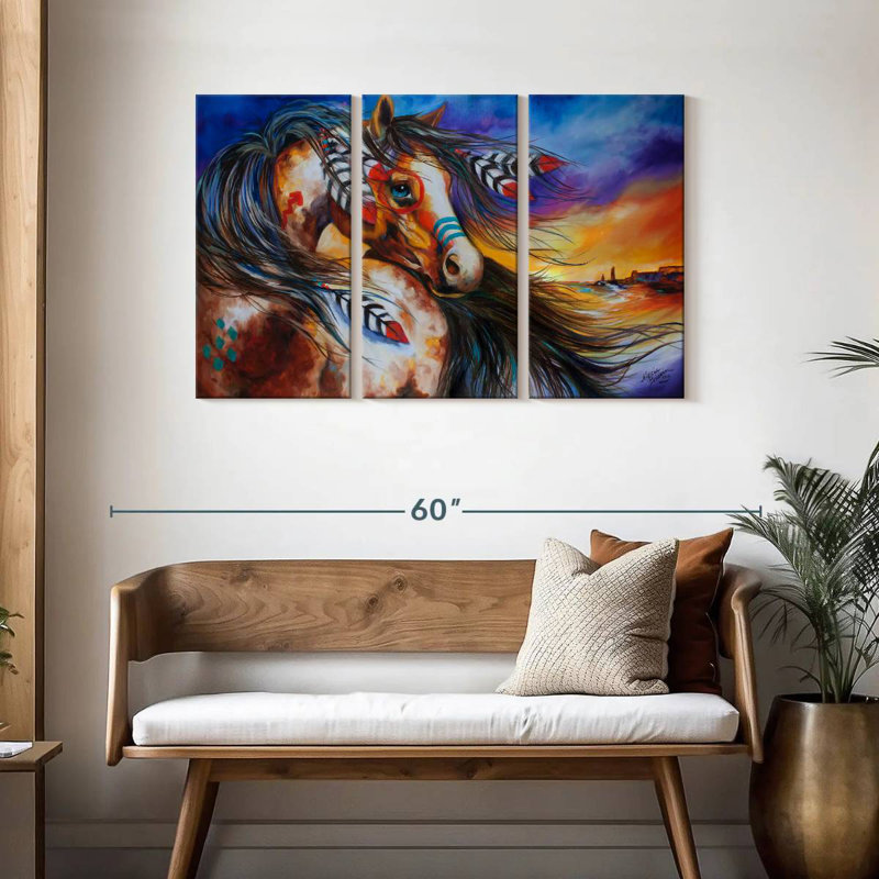 Cheval de guerre indien 5 plumes, H 28 po x l 45 po