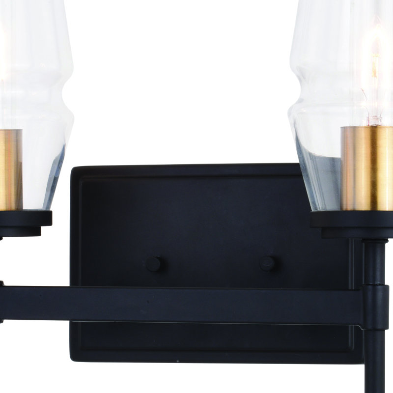 Legault Black And Brass Mid Century Modern Bathroom Vanity Wall Fixture Clear Glass, 2 Lights