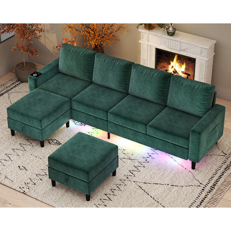 6 Seat Chenille Sectional Sofa With Smart Module-Wireless Charging/Usb/Type-C/Rgb Light, Green