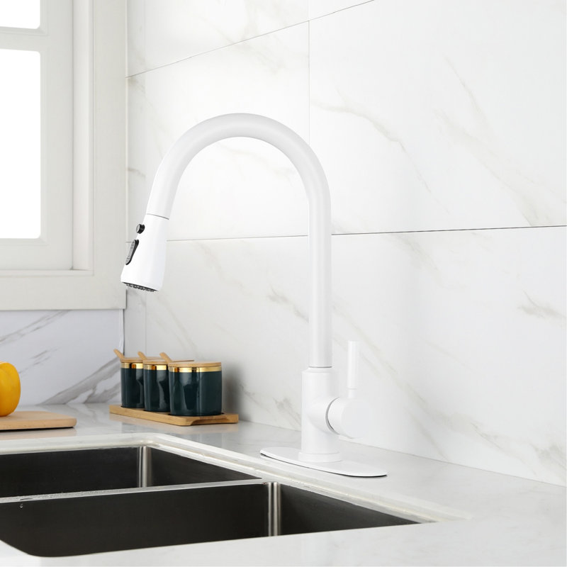 Robinet de cuisine blanc moderne avec acier inoxydable, fonction de jet extractible, buse rotative à 360 °, deux réglages de débit d'eau, acier à commande unique simple et pratique en blanc, pour le flux de travail,