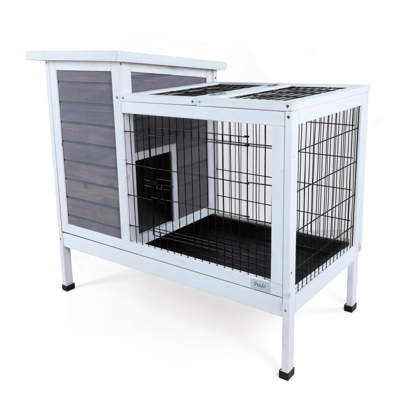 Cage à lapin en bois à deux niveaux pour l'intérieur pour petits animaux avec piste et plateau en plastique résistant aux fuites, gris