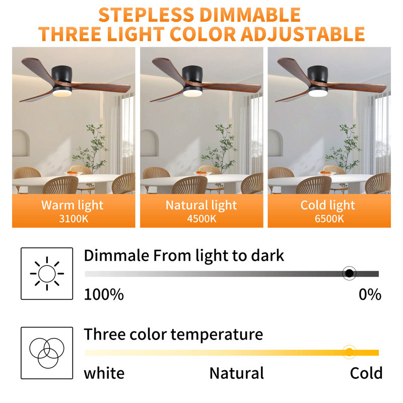 Black Wood Ceiling Fans With Lights And Remote, Modern Flush Mount Low Profile Ceiling Fan With Light, 6 Speed, Reversible Dc Motor, For Bedroom/Outdoor/Farmhouse/Patios