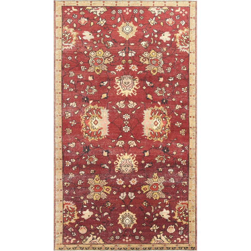 Tapis unique en laine noué à la main de style années 1960 de 4 pi 10 po x 8 pi 3 po rouge / jaune
