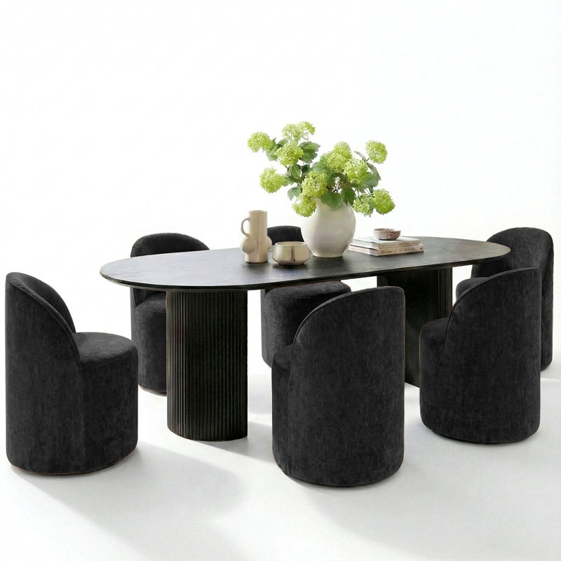  6 - Person Dining Table Sets With Oval Table & 6 Upholstered Chairs, Black, Black