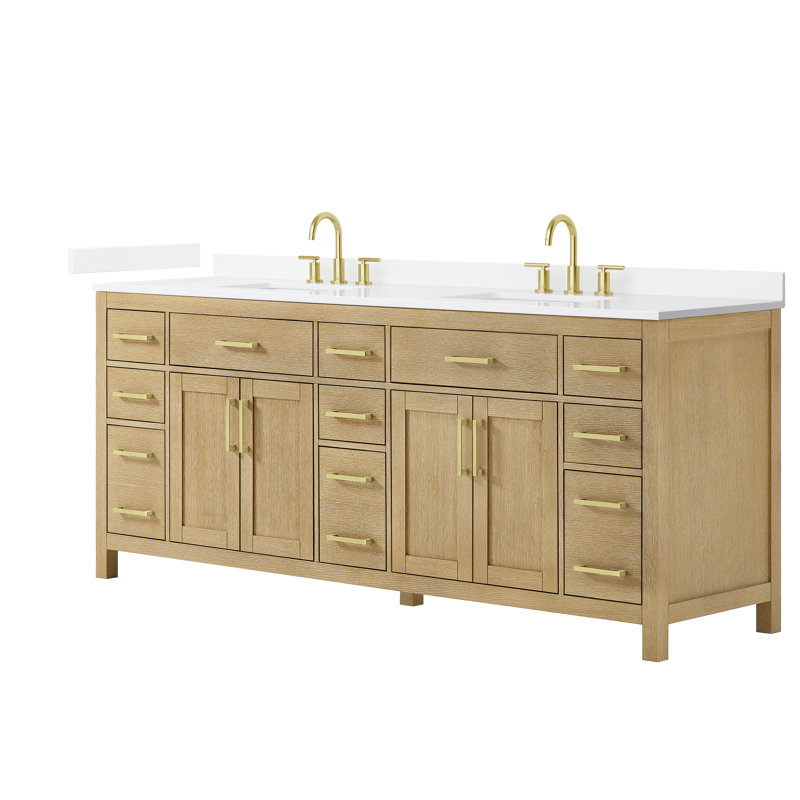 Beckett 84" Freestanding Double Bathroom Vanity with Quartz Top, Whitewashed Oak, Brushed Gold, White Quartz