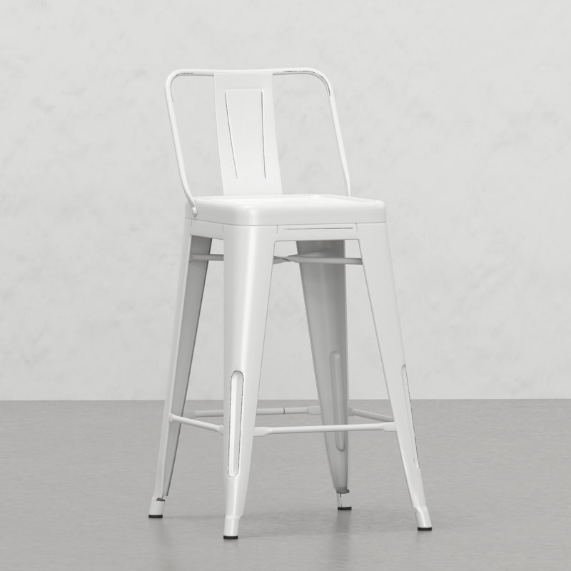 24 Inch Distressed White Metal Counter Height Stools   Of 2  - Comfortable Curved Backs, Footrests, Stable Cross Brace, Peg Legs With Caps  2 , White, Seat, For Kitchen Use