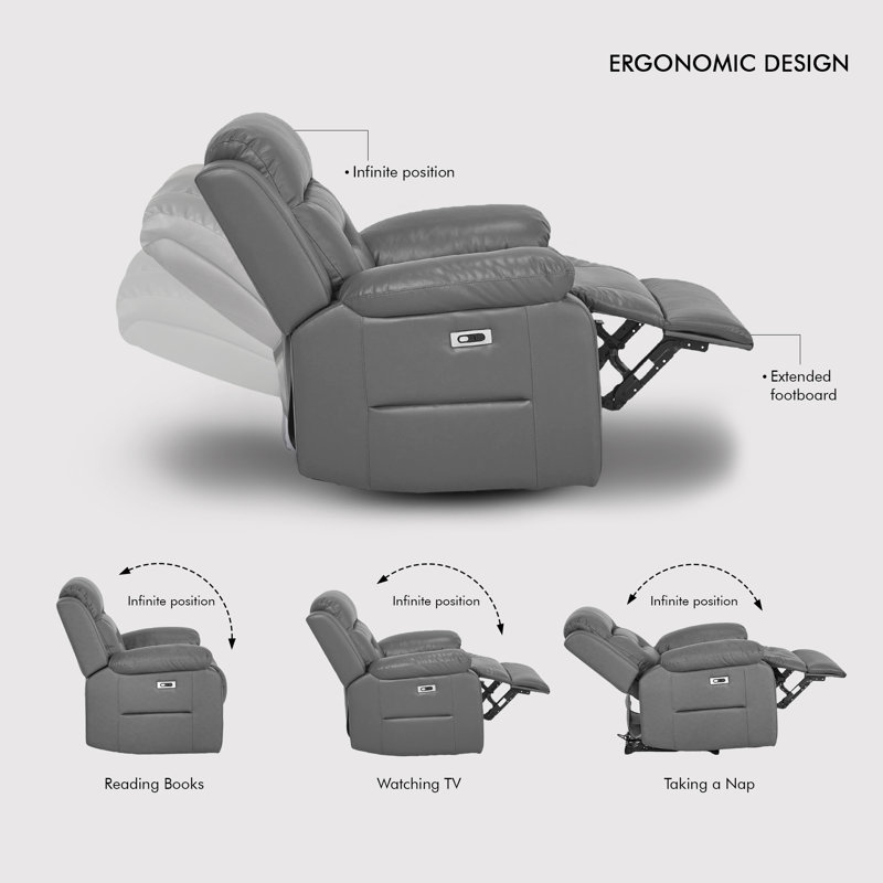 Canapé inclinable électrique en similicuir de 81 po avec ports USB-C Kimblyn, Gris