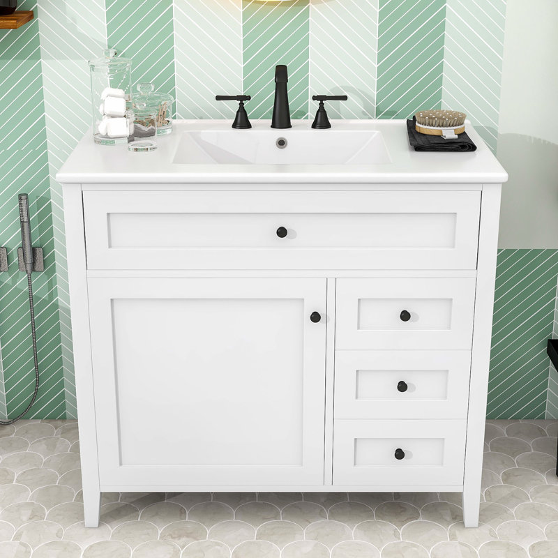 Meuble-lavabo 36 po avec lavabo en céramique, tablette réglable et tiroirs de rangement, White