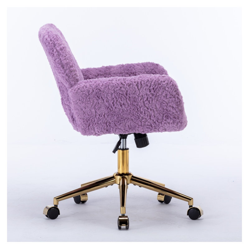  Fauteuil de bureau, fauteuil de bureau en poils de lapin artificiel avec base en métal doré, fauteuil de bureau pivotant réglable, fauteuil de coiffeuse, violet