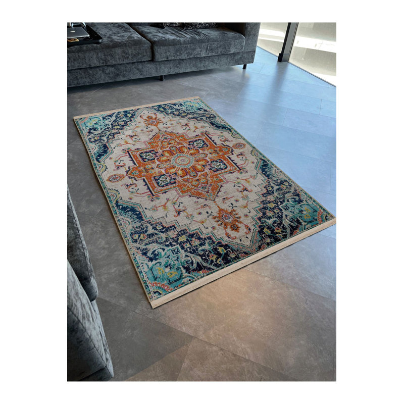 Tapis décoratif rétro beige à motif décoratif traditionnel et motif lavable à la machine, Rectangle 3 pi 3 po x 4 pi 11 po