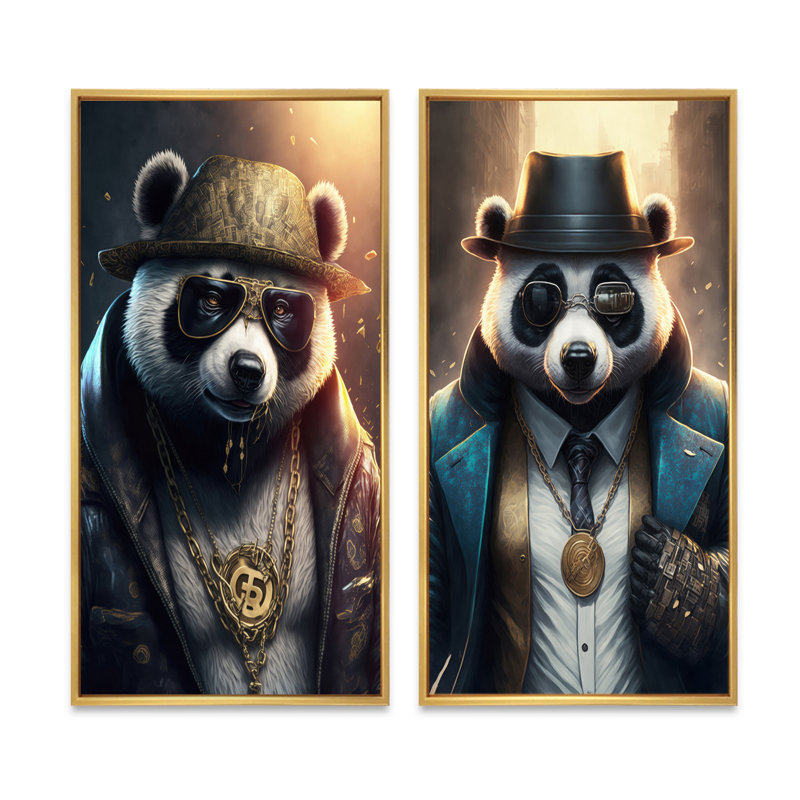 «Panda Gangster In NYC», 2 pièces sur toile, Encadrement doré, H 32 po x l 32 po